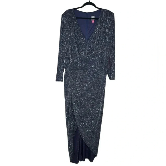VINCE CAMUTO Gown plus size 16w Navy Metallic Threaded Long Sleeve NWT - Picture 2 of 8